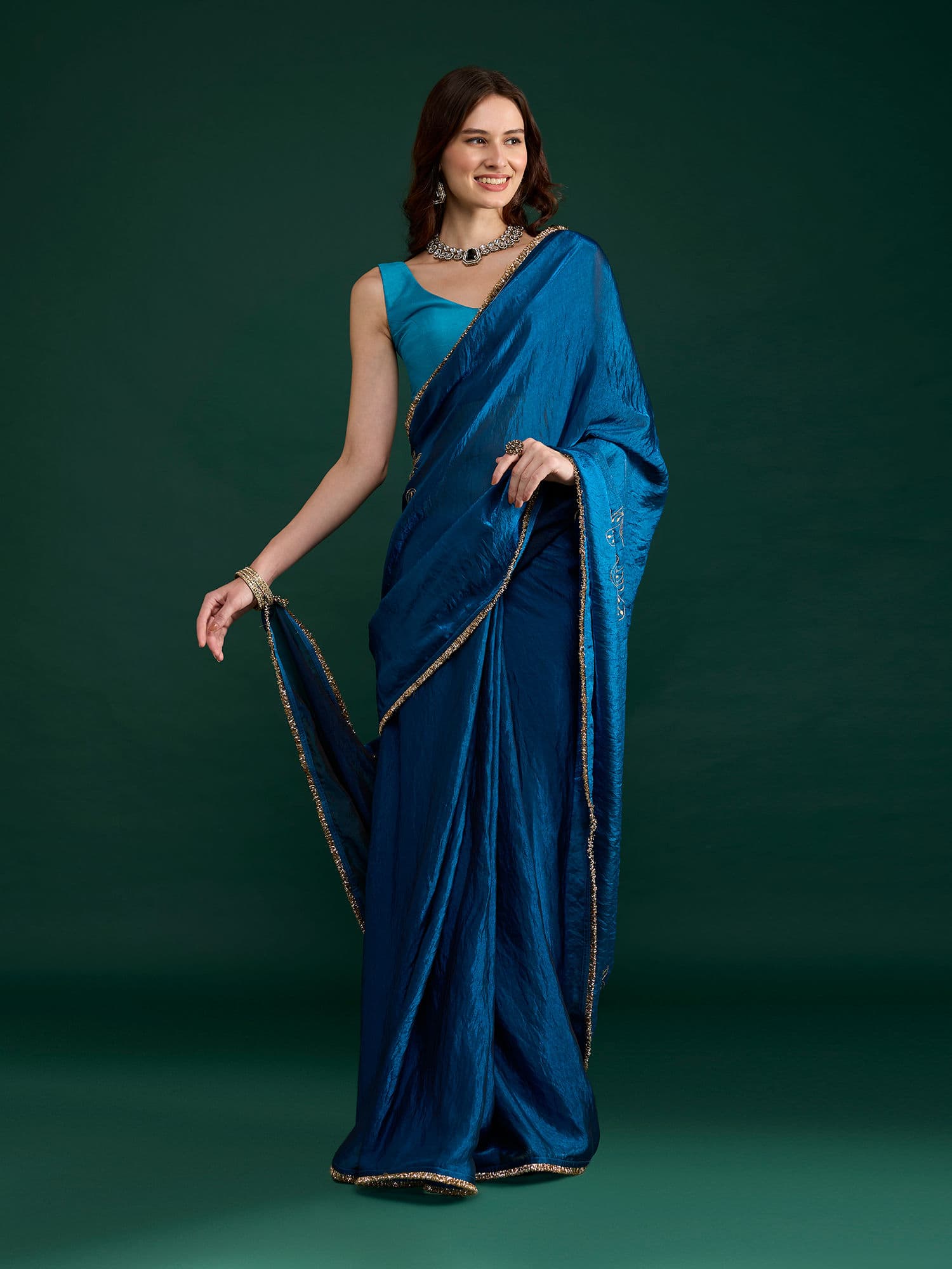 Gajra Gang Navy Blue Tissue Saree without Blouse with Embroidery Nani's Almari