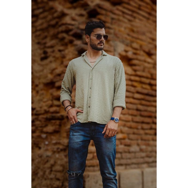 JAVINISHKA Mint Green Chikankari Embroidered Unisex Rayon Shirt
