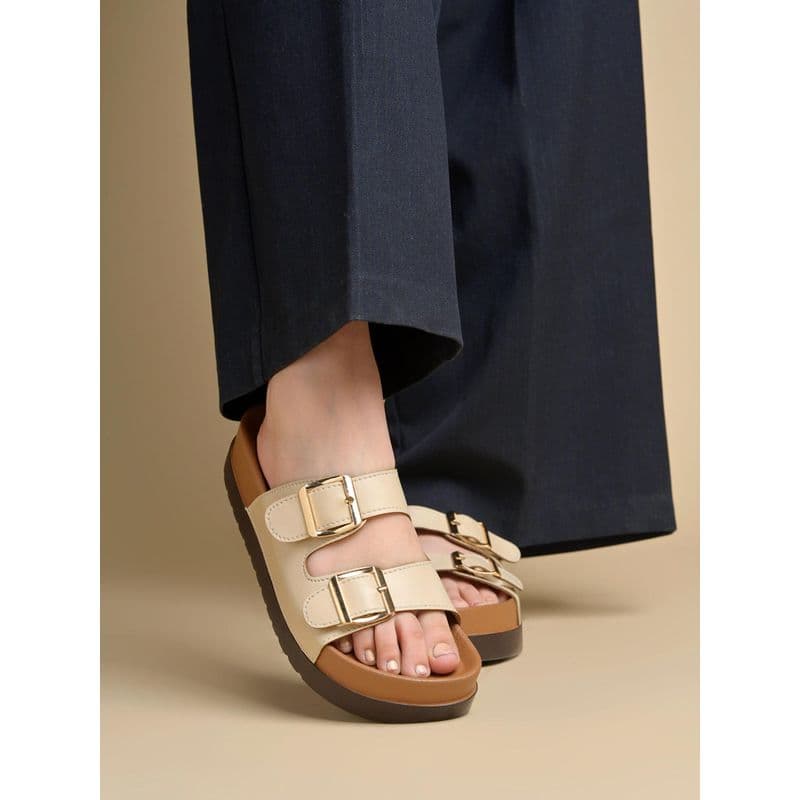 Shoetopia Women Cream Dual Buckle Comfort Sandals (EURO 39)