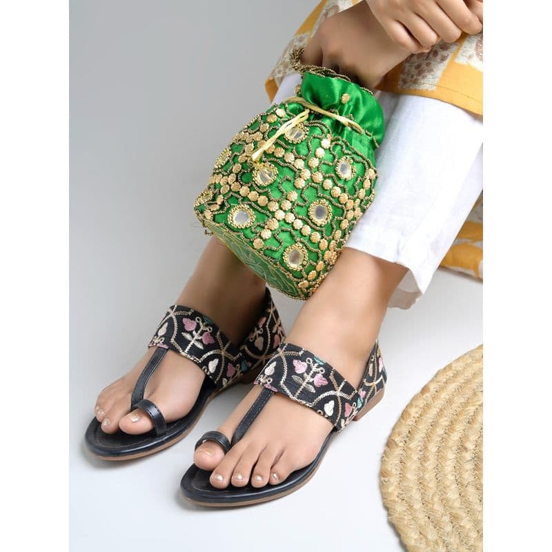 Shoetopia Women Embroidered Sandals - Ethnic Black (EURO 36)