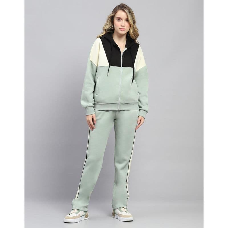 Monte Carlo Women Green Colorblock Hooded Neck Full Sleeve Hoodie With Track Pant