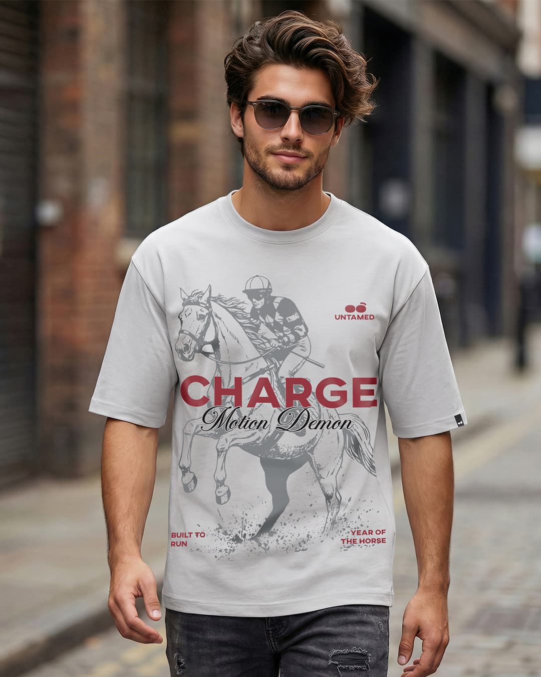 Men's Vapour Blue Motion Demon Graphic Printed Oversized T-shirt
