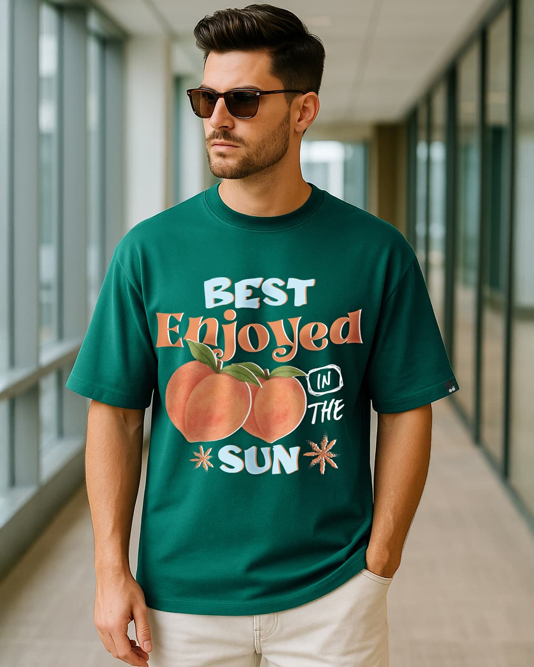 Men's Forest Green Peach Graphic Printed Oversized T-shirt