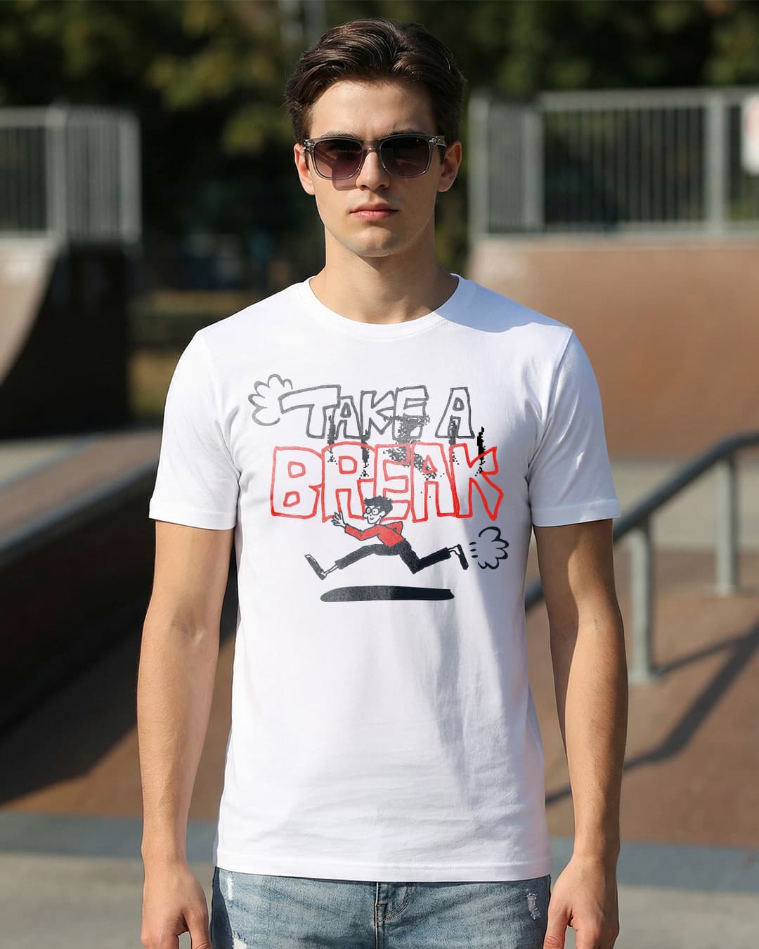 Men's White Take A Break Graphic Printed T-shirt