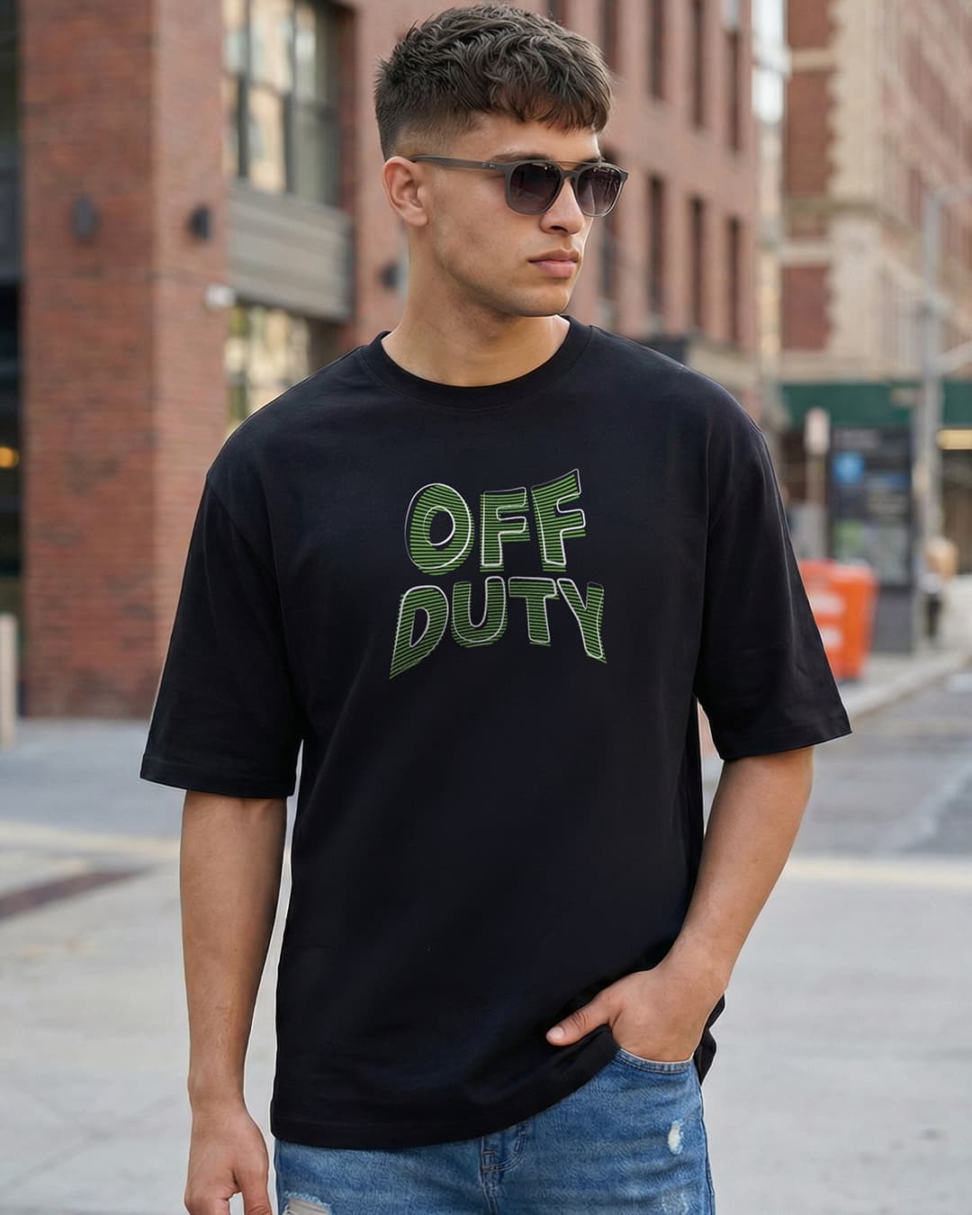 Men's Jet Black Off Duty Typography Oversized T-shirt