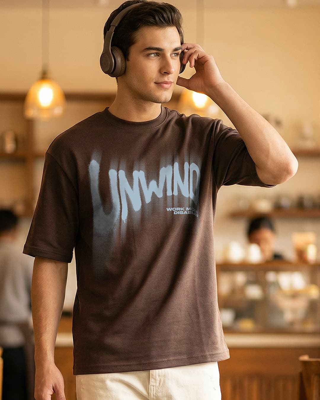 Men's Chocolate Brown Unwind Typography Oversized T-shirt