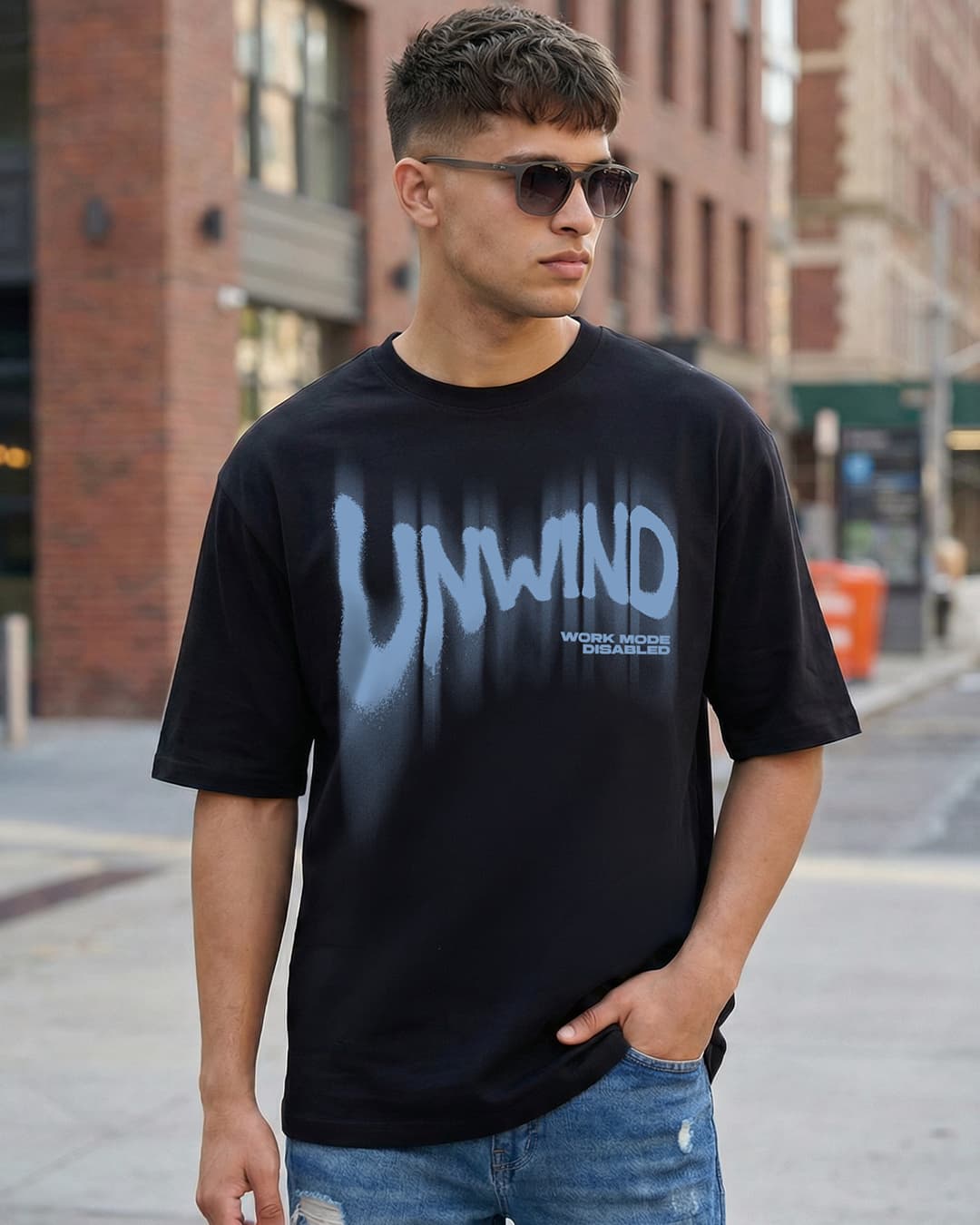 Men's Jet Black Unwind Typography Oversized T-shirt