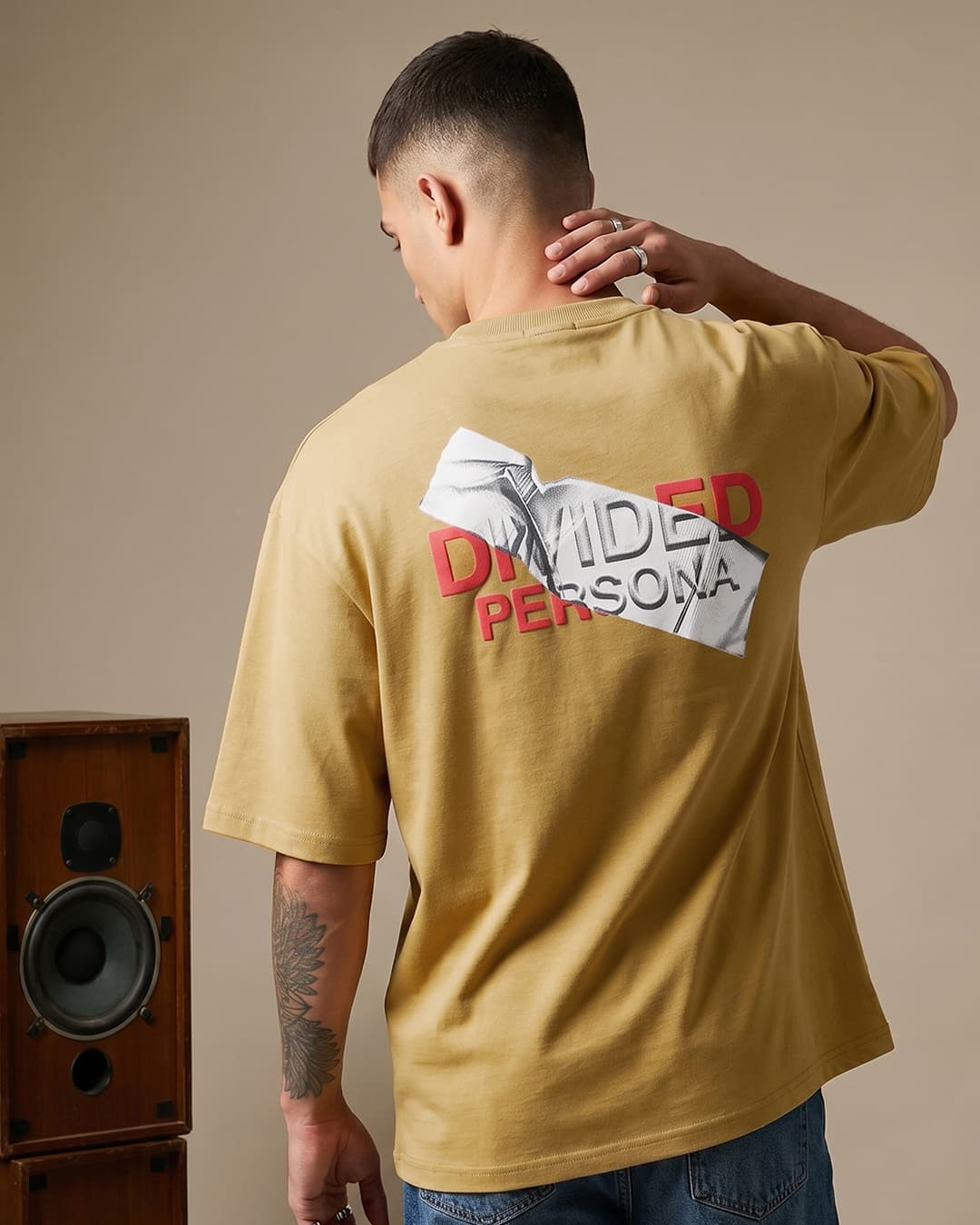 Men's Mustard Gold Yellow Divided Typography Oversized T-shirt