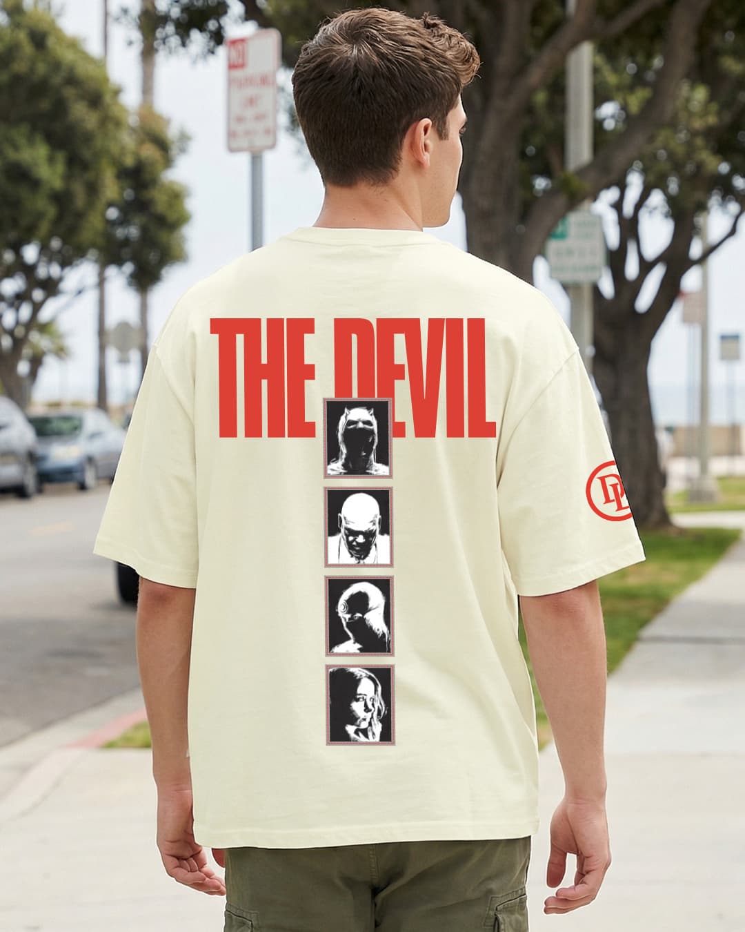 Men's Beige The Devil Graphic Printed Oversized T-shirt