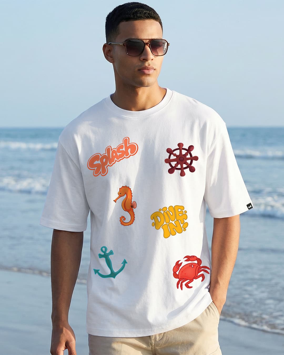 Men's White Splash Graphic Printed Oversized T-shirt