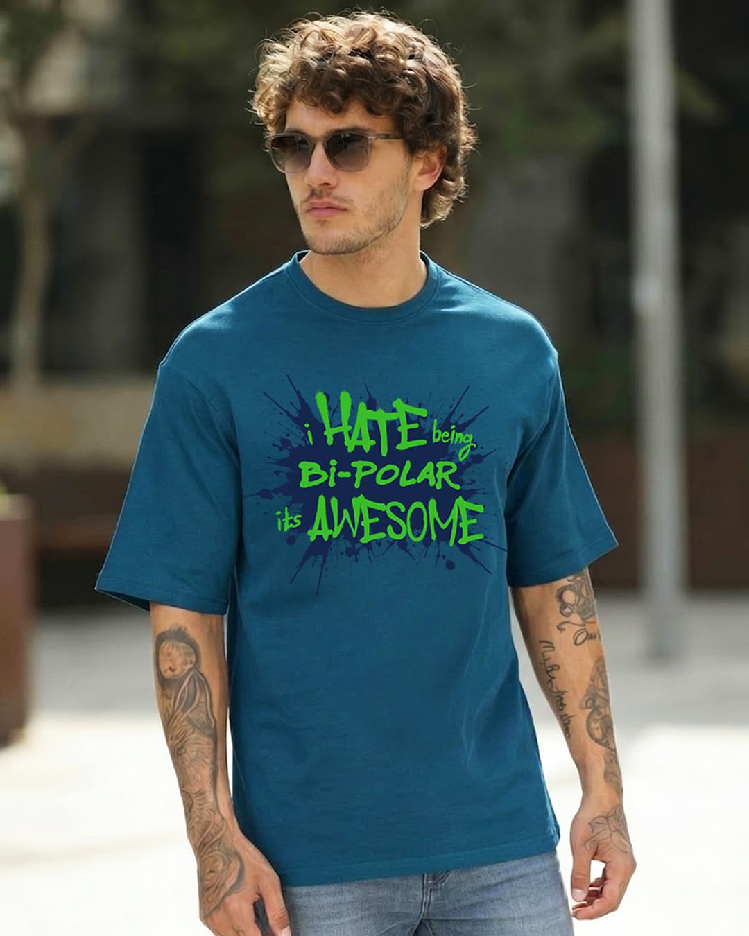 Men's Morrocan Blue Bi-Polar Typography Oversized T-shirt