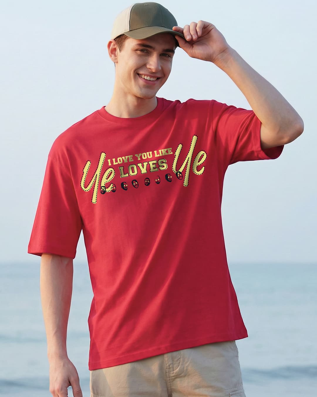 Men's Bold Red Loves Typography Oversized T-shirt