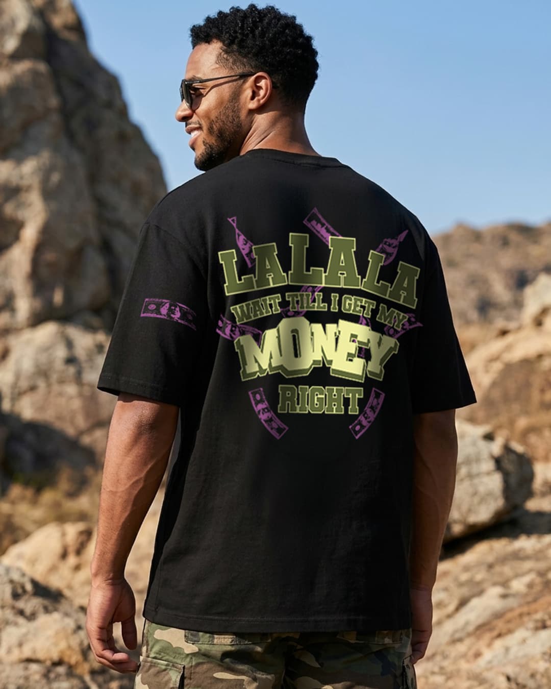 Men's Jet Black Till I Get My Money Typography Oversized T-shirt