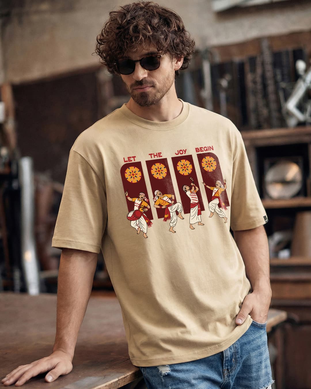 Men's Ginger Root Brown Let The Joy Begin Graphic Printed Oversized T-shirt