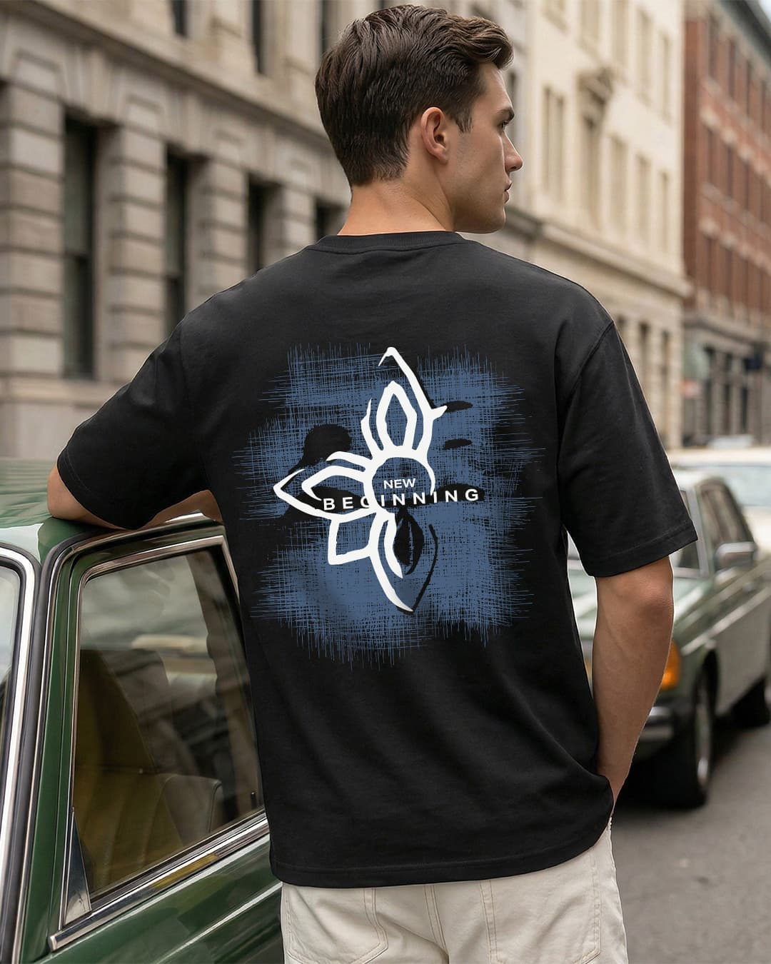 Men's Jet Black New Beginning Graphic Printed Oversized T-shirt