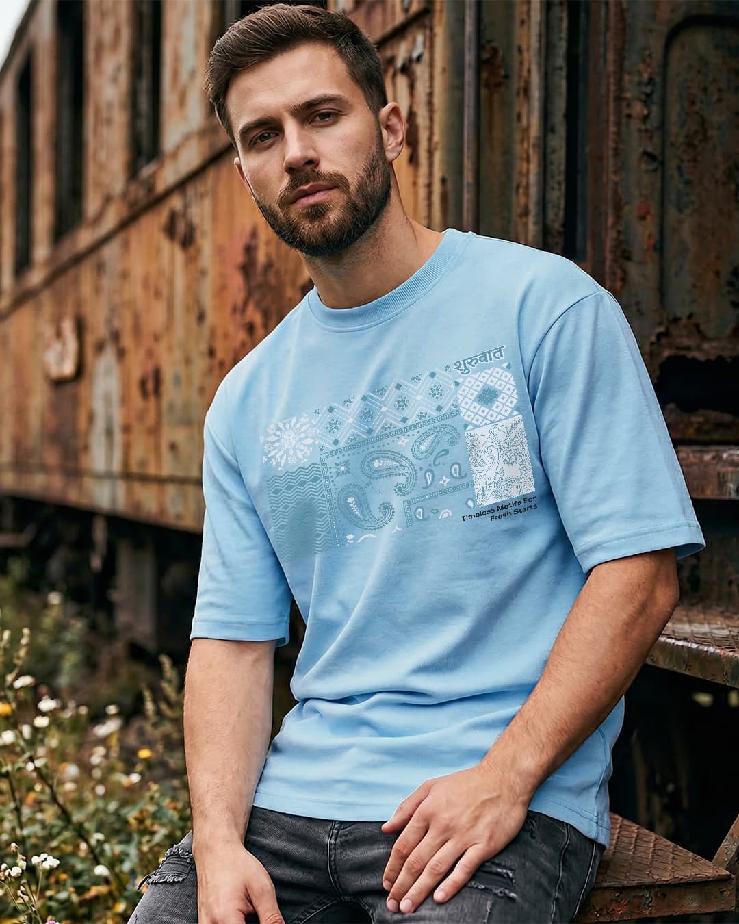 Men's Chambray Blue Motif Graphic Printed Oversized T-shirt