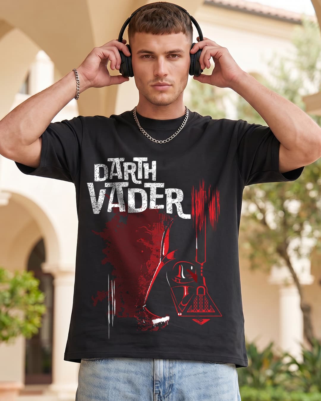Men's Jet Black Darth Vader Graphic Print Oversized T-shirt
