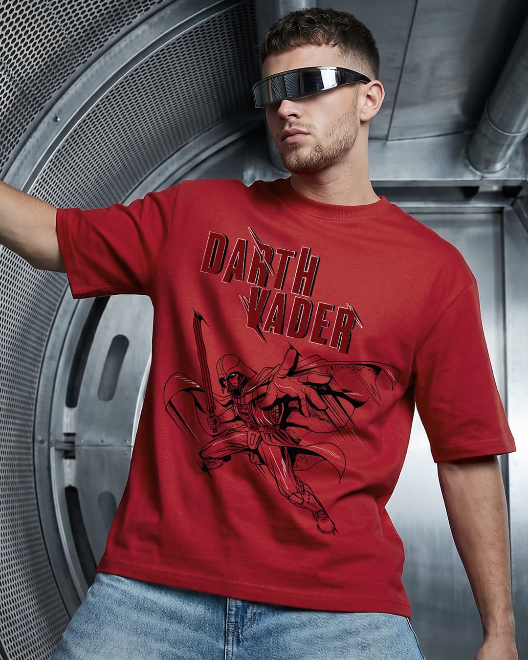 Men's Salsa Red Darth Vader Graphic Print Oversized T-shirt