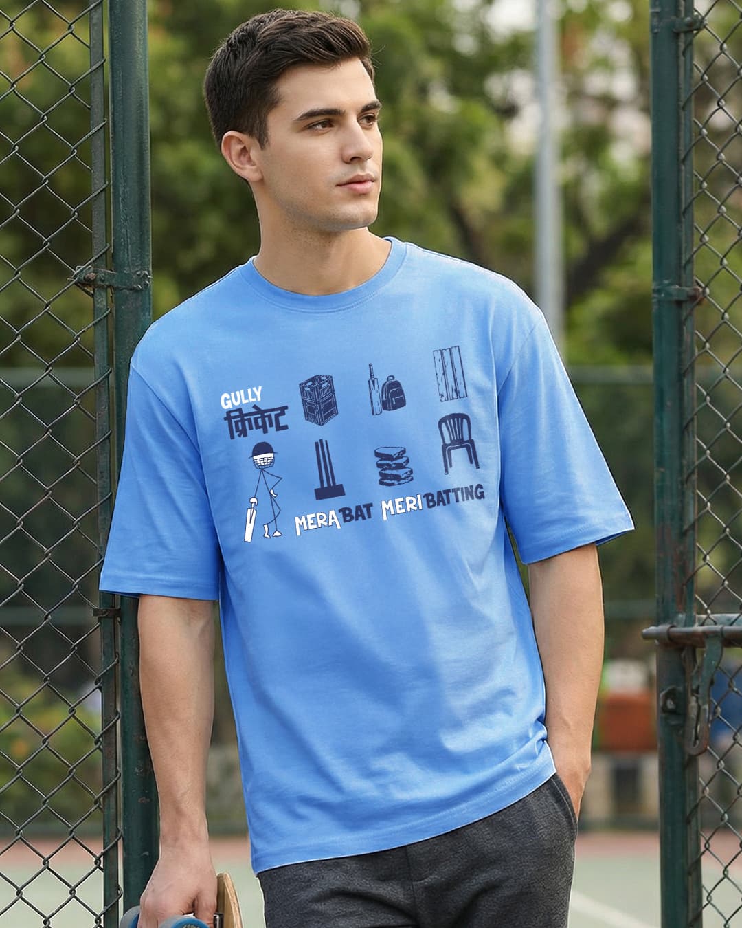Men's Azure Blue Mera Bat Graphic Printed Oversized T-shirt